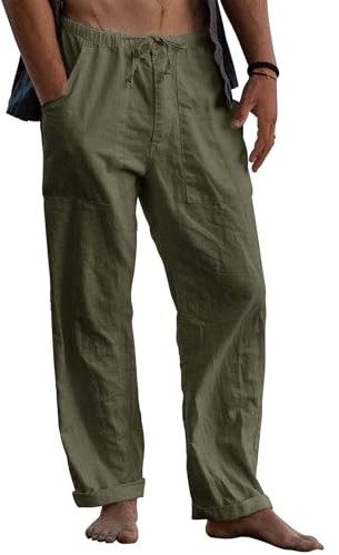Puimentiua Mens Cotton Linen Trousers Summer Lightweight Summer Trousers | Drawstring Elastic Waist Chino Trousers for Men, Loose Fit Yoga Pants with Pockets