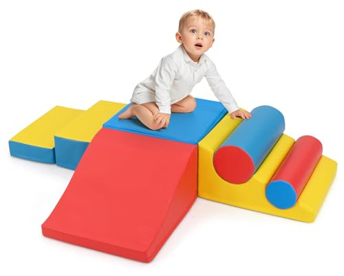 COSTWAY Soft Play Set, 7-Piece Baby Foam Climbing Blocks with Hook & Loop Fasteners, Toddler Climb and Crawl Foam Playset for Motor Skills, Sensory Development