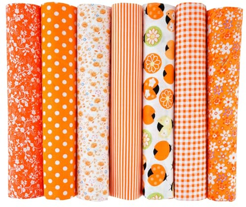 7er Set Baumwollstoff 25x25cm – Stoffe zum Nähen, Patchwork Stoffe, Stoffreste – DIY Stoff für Basteln, Quilten, Deko & Puppenkleidung – 100 % Baumwolle, Verschiedene Designs (Orange, 25x25cm)