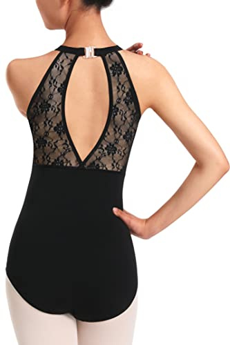 DANSHOW Body da danza da donna con scollo all'americana, abbigliamento da danza/balletto con schiena in pizzo con apertura a buco della serratura, Nero , M