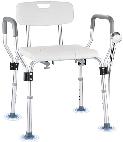 KSITEX Silla de Ducha para Mayores, Asiento Extraíble en Forma de U para Taburetes de Ducha y Baño con Respaldo y Brazos, Ajustable de 6 Niveles de Ducha Regulable para Ancianos y Discapacitados