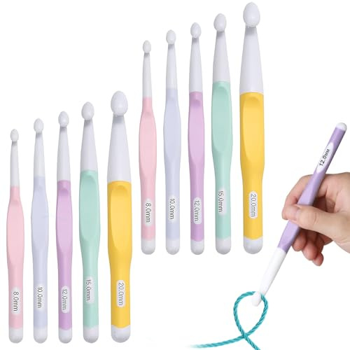 10 Pack Large Crochet Hook Set Ergonomic Long Handled Crochet Hooks 20mm,15mm,12mm,10mm,8mm Big Crochet Hooks Beginners Arthritic Hands for Chunky Yarn Knitting Blankets Carpet Travel