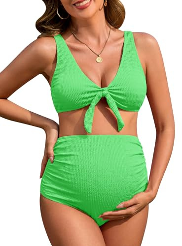FEOYA Bikini Maillot de Bain 2 Pièces Maternité Shorty Taille Haute Femmes Tankini Maternité Enceintes Grossesse Col en V Chic Plage Natation XS-L