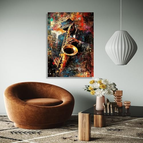Quadro su tela con musicista jazz, dipinto di un sassofonista, arte astratta urbana, decorazione per gli amanti della musica, arredamento per la casa, stampa su tela (60x90 cm/cornice interna)