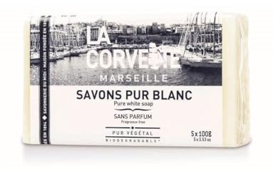 La Corvette - Lot de Pains de Savon Pur Blanc - Sans Parfum, Colorant ou Graisse Animale - 100% d'Origine Végétale - Multi-Usages Corps - 5x100g