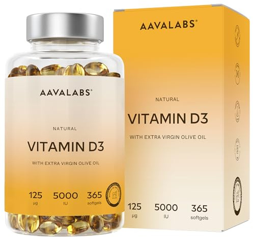 Vitamina D3 Natural [5000 UI] Depot - Altamente Concentrada - con Aceite de Oliva Extra Virgen para una Absorción Óptima - Favorece la Función Ósea e Inmunológica - Complemento Alimenticio - 365 Cáps