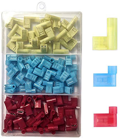 Gebildet 100pièces 90Degrés Nylon Entièrement Isolée Drapeau Terminal, Rapide Déconnecte Terminal Femelle, F Type Pousser Connecteur Electrique 12-10AWG/ 22-14AWG (Rouge 40, Bleu 40, Jaune 20)