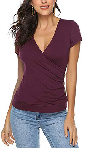T-Shirt pour Femmes D'été V à Col Unique en Manches Courtes Chemises Hauts Croisés T-Shirt Enveloppant Hauts Femmes élégantes T-Shirts Unis Chemisier (Bordeaux,S)