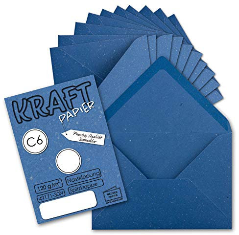 50x Kraftpapier Umschläge DIN C6 Blau - 11,4 x 16,2 cm ohne Fenster - Vintage Briefumschläge mit Nassklebung Spitzklappe - NEUSER PAPIER