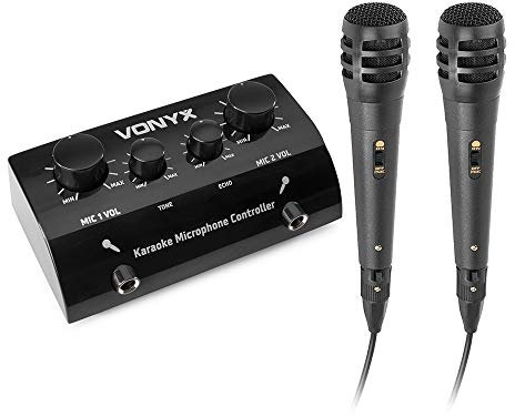 Vonyx AV430B Mezclador de Eco de Karaoke de 2 Canales con 2 micrófonos - Negro, Mezclador, micrófonos con Cable, Efecto Eco Ajustable, Fiesta de Karaoke, Control de micrófonos, Conector de 6,3 mm