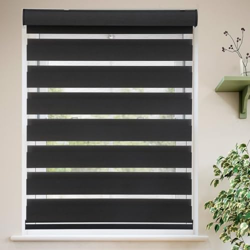 MYshade Roller Shades Zebra Blinds for Windows Cordless Day and Night Light Filtering Dual Layer Roller Blinds 27 x 72 Black