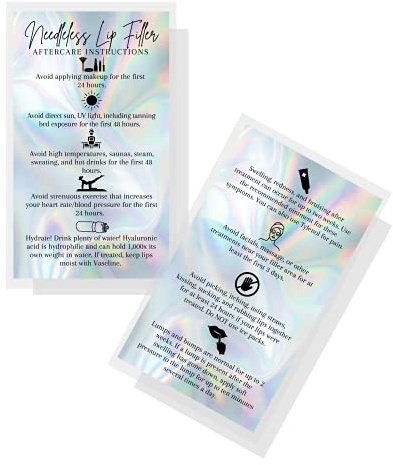 Boutique Marketing LLC Needleless Lip Filler Aftercare Card | 50 Pack | Business Card Size 2x3.5 inch inches | Non-Reflective Matte Rainbow Holographic Look Design