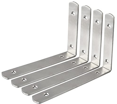 SAYAYO 4MM Shelf Bracket L Brackets for Wood Angle Brackets 200*140mm | Stainless Steel Wall Brackets for Shelves Heavy Duty Corner Shelf, Brushed, 4 Pcs