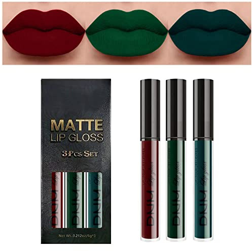 3Pcs Dark Green Army Green Cherry Red Matte Lipstick Lip Stain Sets, Long Lasting Matte Lipstick Lip Stain Lip Gloss Set 24 Hour Waterproof Matt Lipsticks Set (Set08)