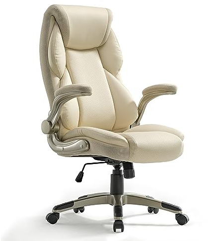 EUREKA ERGONOMIC Fauteuil de Bureau, Chaise de Bureau Ergonomique avec Support Lombaire, Chaise de Gaming en Cuir avec Accoudoirs Réglables roulettes Silencieuses Rotatives a 360°, Beige