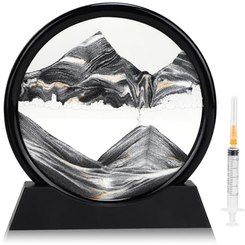 DBREAKS Peinture de sable rotative 3D, decoratif 3D cadre sable mouvant, cadre sablier en verre rond, peinture de sable dynamique, décoration de table de pour les adultes et les enfants,Noir / 7