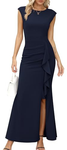 Missufe Abito da sera da donna Maxi, abito da sposa, a maniche a palloncino, con ruches, fessura, sirena, bodycon, da matrimonio, da festa, blu navy, S