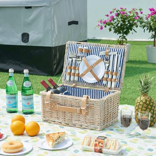 casa.pro Panier de Pique-Nique en Osier pour 4 Personnes Assiettes Couverts Verres Tire-Bouchon Salière Poivrière Style Vintage Coton Mélamine INOX 42 x 28 x 20 cm Naturel Blanc Bleu