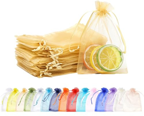 MORAINJAY Guld organza presentväskor – 100 st, små 10 x 15 cm bröllop smycken påsar med dragsko, nät godis presenter väskor för födelsedag, bröllop, jul och presentförpackning