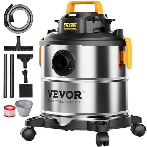 VEVOR Aspirateur eau et poussière 20 L, aspirateur d'atelier sec humide portable inox, 6 CV max, aspiration soufflerie efficace avec buse, roulettes, pour tapis, débris, poils d'animaux, argent noir