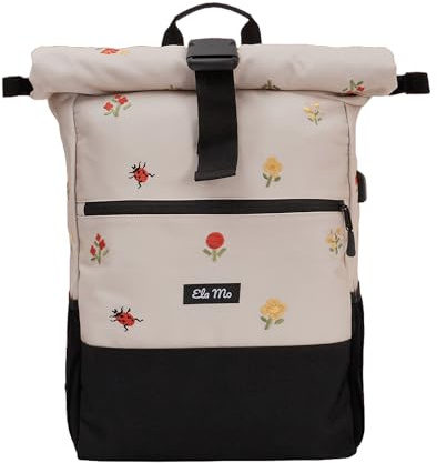 Ela Mo® Rolltop Rucksack Damen - Rollrucksack Anti Diebstahl für Sport & Reisen - Laptoprucksack für Schule, Uni, Business - Mit USB Anschluss & kompaktem Flaschenhalter - Losy