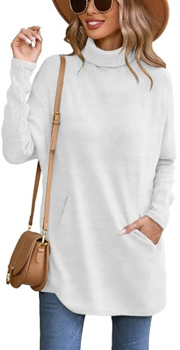 Famulily Chandails à col roulé pour femme UK, Pulls oversize à col roulé pour l'automne et l'hiver avec poches, blanc, L