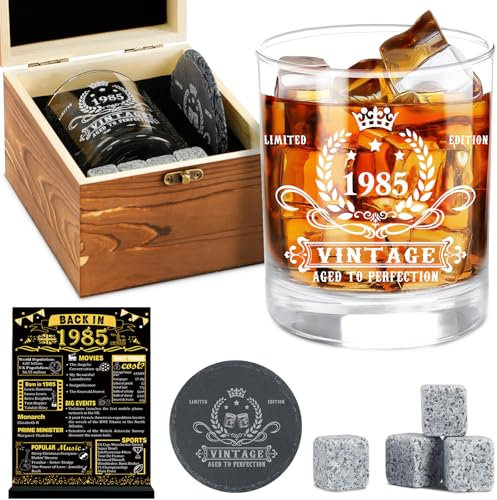 Amosking 40th Birthday Gifts for Men,Vintage 1985 Whiskey Glass Set,Wood Box & Whiskey Stones & 1985 Poster Anniversary Card & Coaster,Birthday Gifts Ideas for Him,Husband,Dad