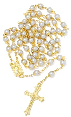 KMIMO Collier de perles de chapelet en perles blanches de 6 mm, chapelet catholique plaqué or pour femmes pratiquantes, avec médaille Notre-Dame de Lourdes et crucifix