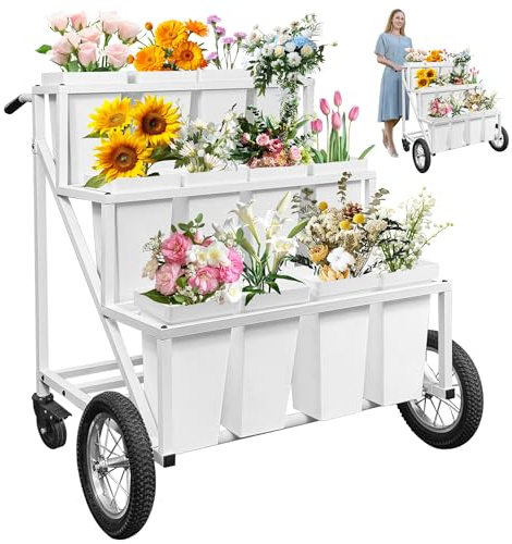 Prolee Flower Stand, Flower Cart with 12 Buckets, Flower Display Stand with Large Wheels, Flower Cart, Moving Florist Bouquet Shelf, White