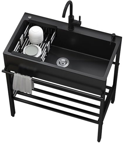 Black Stainless Steel Sink,Free Standing Outdoor Kitchen Sink,Commercial Restaurant Sink,Single Bowl Station Utility Sinks with Drainer Unit and Tap set,for Laundry Room Backyard Garage Bar(60x45x86cm