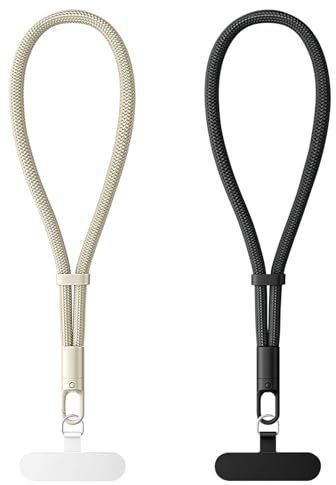 HOTUT Cordón de correa de muñeca de mano, 2 unidades Cadena para teléfono móvil corta con parche ultrafino, Antipérdida, Longitud Ajustable para teléfono móvil Camara Teclas Cartera-Negro, Beige claro