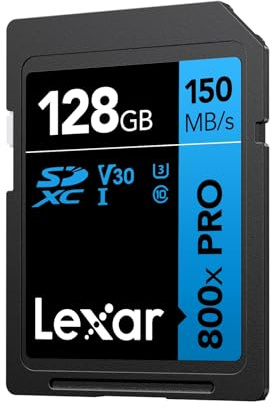 Lexar High-Performance 800x PRO SD Card 128GB, SDXC UHS-I Memory Card, C10, U3, V30, 4K UHD Video, Up to 150MB/s Read, for Point-and-Shoot & Mid-Range DSLR Cameras, HD Camcorders (LSD0800P128G-BNNAA)