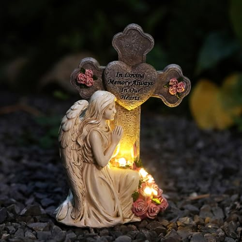 Angelo solare da giardino, angelo di preghiera, lampada solare, angelo custode in preghiera con statuetta a croce, luci in resina, luce del cimitero per tombe, cimitero, terrazza, cortile