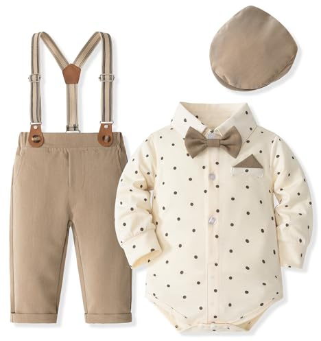 Fohuanky Bebé Niño Traje Formal Caballeros Ropa Conjunto Romper Camisa con Pajarita Tirantes Pantalones y Sombrero para Boda Fiesta de Cumpleaños