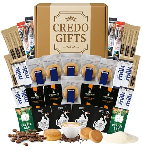 Coffee, Tea & Biscuits Hamper Gift Set Box – Coffee Sachets, Instant Brew Teabags, Black Tea, Sugar & Milk Portions with Shortbread Selection, – Luxury Snack & Drink Gift, Afternoon Hot Drink Set