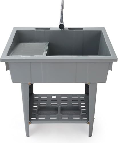 Stazione di lavaggio a mano portatile – Lavandino autoportante in plastica con asse e rubinetto singolo freddo per lavanderia, garage, cantina, uso esterno