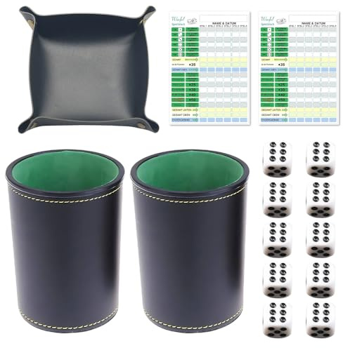 HOVCEH Juego de Dados, 2 Piezas Juego de Cubos de Piel, Juegos de Vasos de Piel, Set de Cubiletes de Kniffel, 2 Cubiletes, 10 Cubos, 1 Caja, 100 Papel, Cubilete Dados Juegos para Familiares