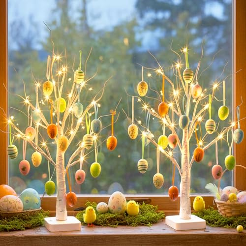 DELICHTER Set di 2 decorazioni pasquali illuminate per interni con 24 LED bianco caldo, a batteria, albero luminoso con 36 uova di Pasqua, decorazioni pasquali con funzione timer, 55 cm