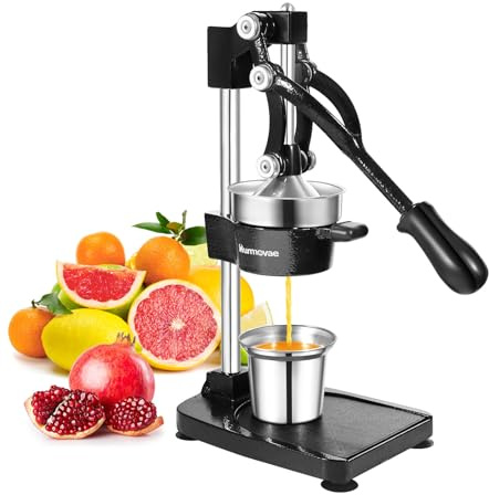 HURMOVAE Cast Iron Juicer Hand Press – Heavy-Duty Manual Juicer & Orange Squeezer For Lemon, Lime, Grapefruit, Pomegranate with Stainless Steel Cup, Easy to Clean, Black