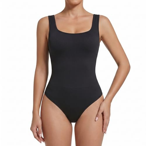 GEEKPC Seamless Sleeveless Bodysuit for Women, Square Neck Tummy Control Shapewear Top with Snap Closure, Ribbed Sculpting Waist, Wide Strap Shaper for Smooth Everyday Layering