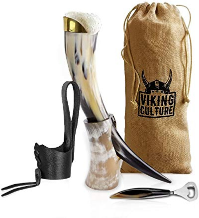 Viking Culture - Taza de cuerno vikingo con abridor de cerveza, soporte, funda para cinturón de cuero genuino y bolsa de arpillera vintage, acabado pulido con auténtico estilo medieval nórdico