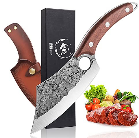 Dream Reach Coltello per disossare Coltello forgiato con struttura a martello Coltello da cuoco macellaio Mannaia da carne Coltello da esterno con fodero in pelle per cucina Barbecue Escursione