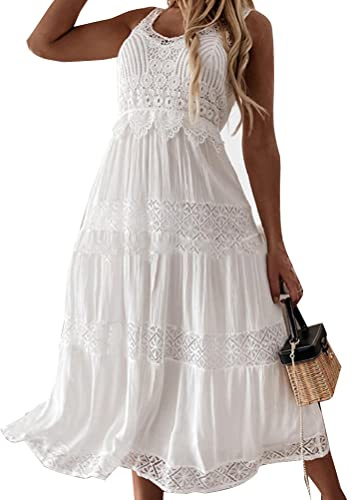 Onsoyours Robe en Dentelle Élégante pour Femmes - Col en V Sans Manches pour Soirée, Bal, Mariage, Cocktail - Longue Robe Décontractée D'été