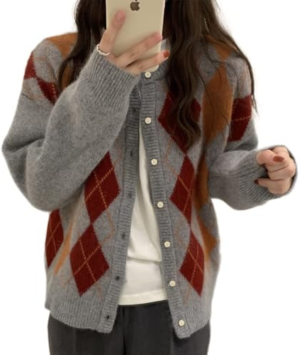 Maglione Autunnale alla Moda per Le Donne 2025 Grunge Argyle Plaid Preppy Y2K E-Girl Cardigan a Maglia Grossa Maglione Vintage Nonno, Colore: Grigio., XL