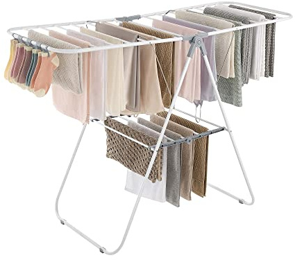 SONGMICS Clothes Drying Rack, with Sock Clips, Metal Laundry Rack, Foldable, Space-Saving, Free-Standing Airer, with 2 Height-Adjustable Gullwings, Indoor Outdoor Use, White and Gray ULLR052W02