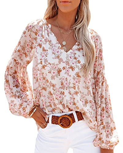 Chemise Fleurie Femme Col V Blouse Mousseline Chic Manche Longue Fluide Ample Casual Large Tunique Été Grande Taille