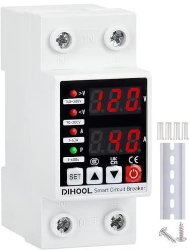 DIHOOL Adjustable Voltage Protector 110V 220V, Low/High Voltage Cutoff and Overcurrent Protection, 70-200V Undervoltage, 140-300V Overvoltage, 1-63A Smart Circuit Breaker AC Disconnect, DIN Rail Mount