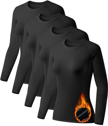 TELALEO 4 Pack Thermal Shirts Women Fleece Lined Long Sleeve Compression 4Black-M