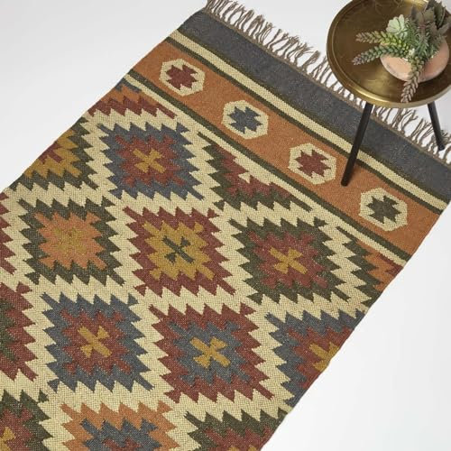Homescapes Kelim Teppich Lucea geometrisch blau-orange 160x230 cm, Jute-Teppich handgewebt, Rautenmuster