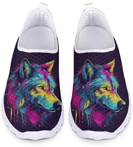 Kuiaobaty Color Wolf Slip on Trainers for Women Splash Paint Wolves Summer Loafer, Dark Black Breathable Trainers Mens Mesh Sneakers